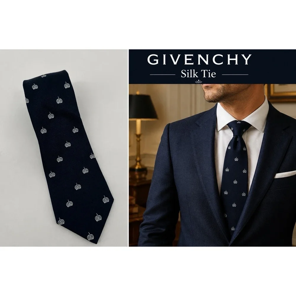 Givenchy Silk Necktie Navy Blue Crown Print 56